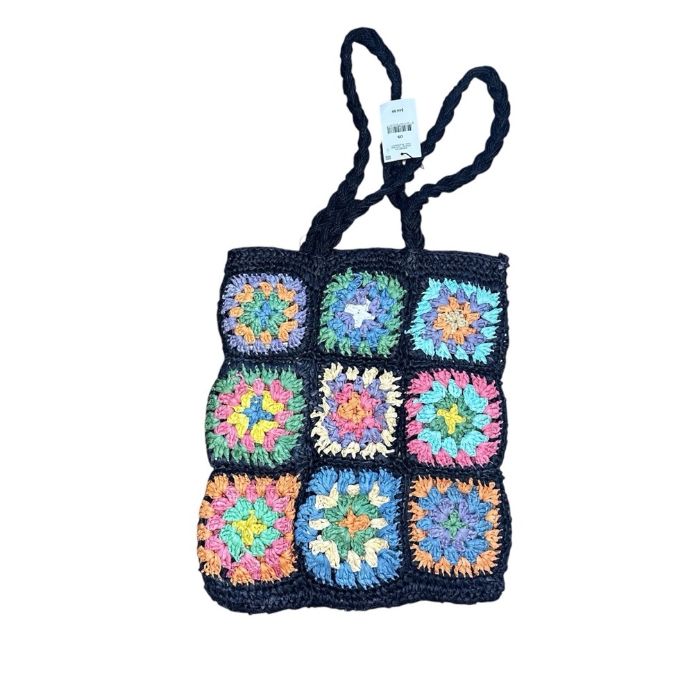 Rubi Straw Braided Tote Bag with Crocheted Floral Patches - Picture 2 of 6
